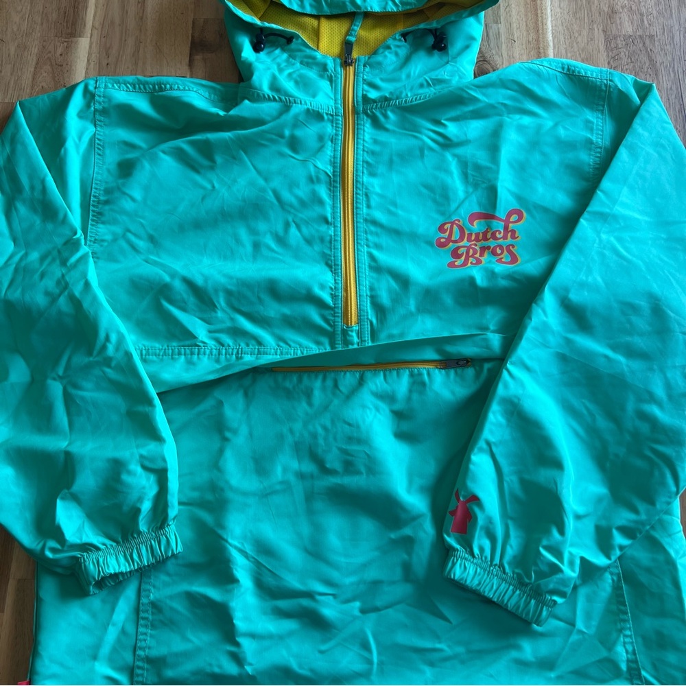Dutch Bros Coffee Windbreaker Pullover Jacket Medium Green/Yellow